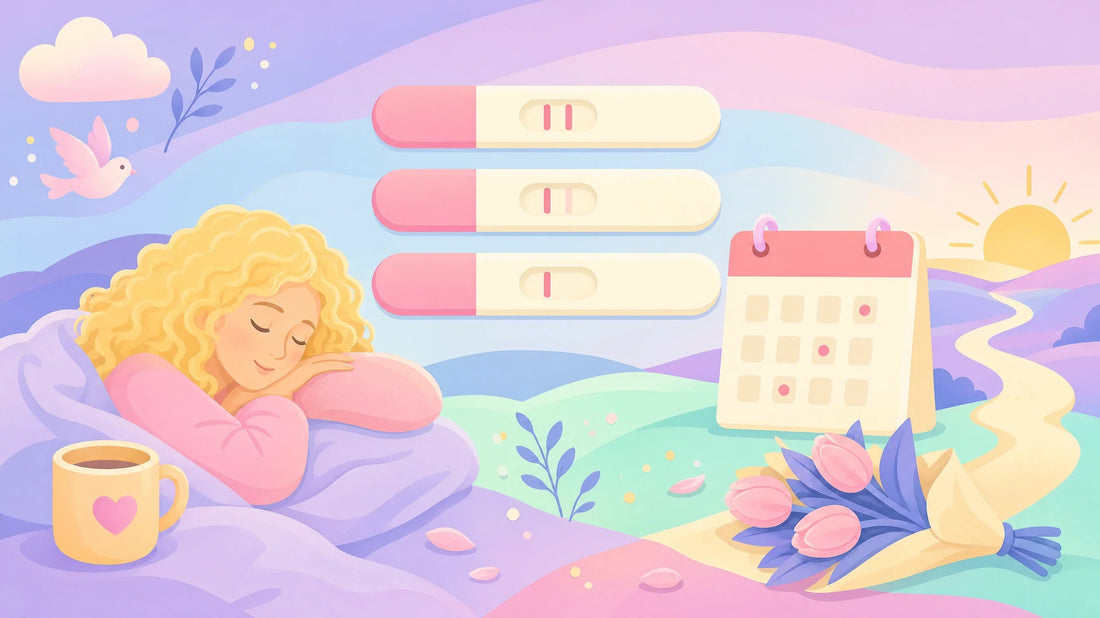 Flat illustration of the same home pregnancy test shown three times with its second line fading to nothing, beside a woman sleeping under a blanket, a calendar of marked days and a path winding toward a sunrise.