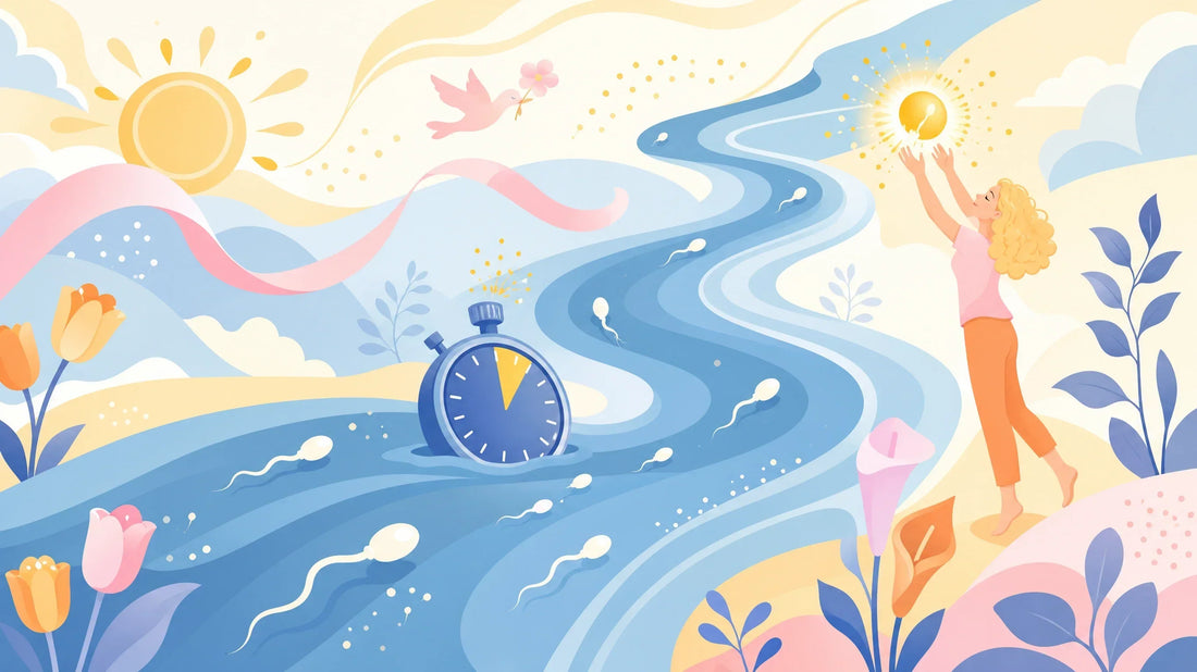 Flat illustration of a wide blue river of fertile days winding across the frame with sperm swimming along it toward a single bright burst of light that a woman reaches up to, with a stopwatch half-submerged nearby.